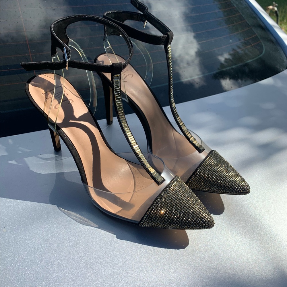 Gold rhinestone pointed toe heels
